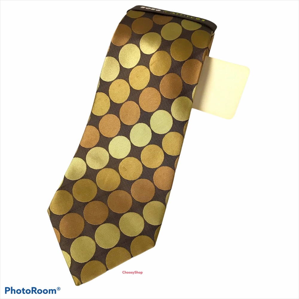 BCBG Silk Tie NWT Brown Gold Circles Handmade